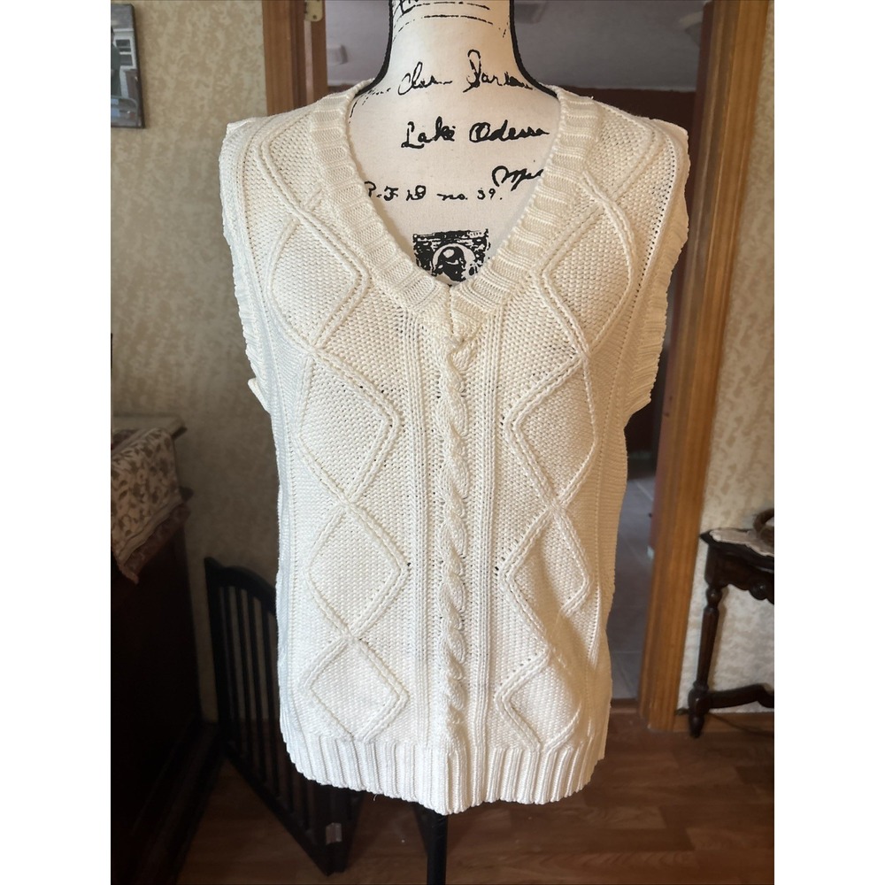 Vintage Selections Ivory Sweater Vest Womens Medium Cable Knit V Neck 90s
